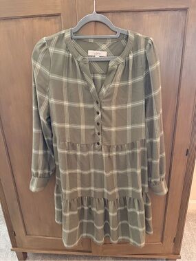 LOFT Olive Plaid Tiered Henley Dress - NWOT